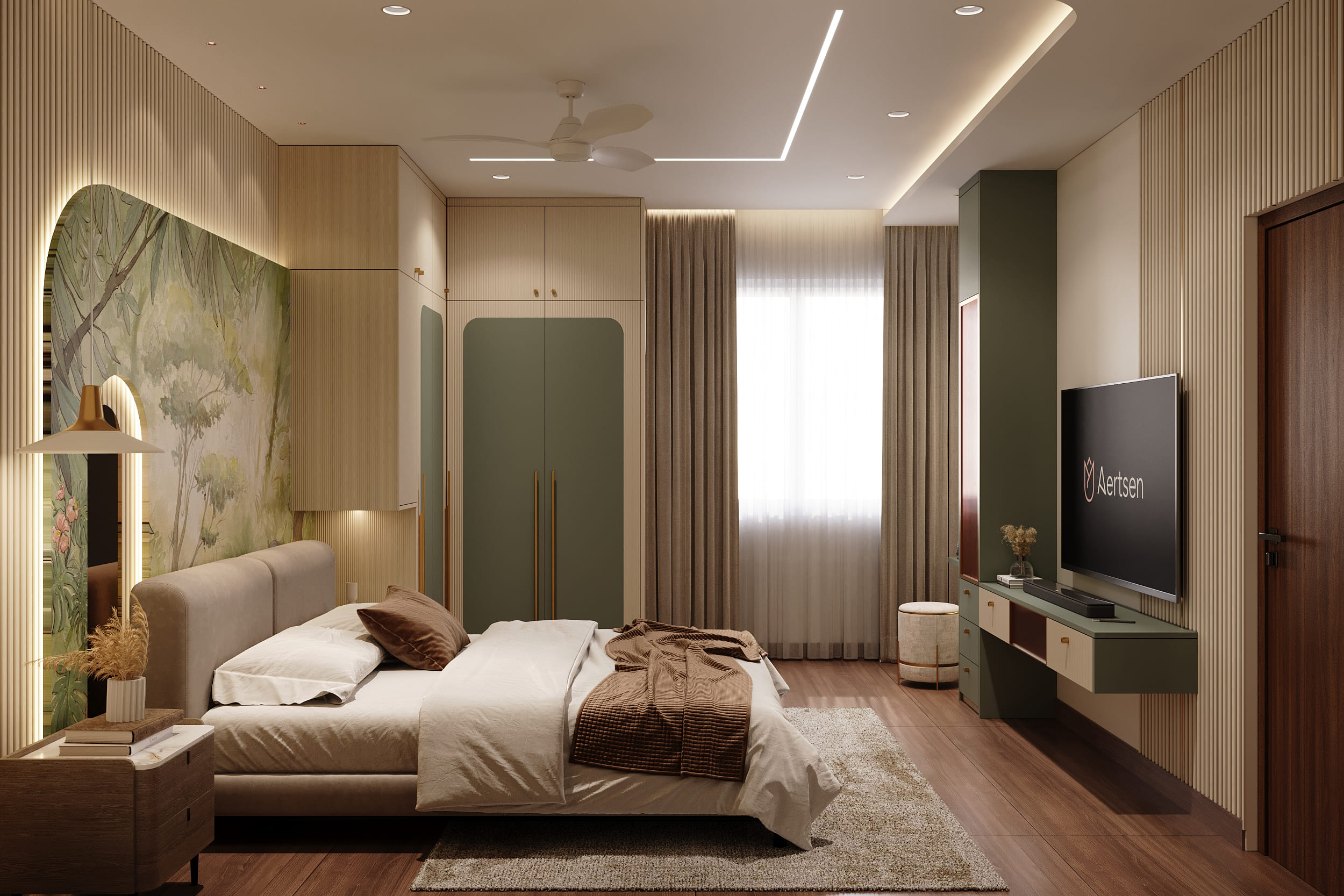 Warm Neutrals, Brass Accents and Carved Detail